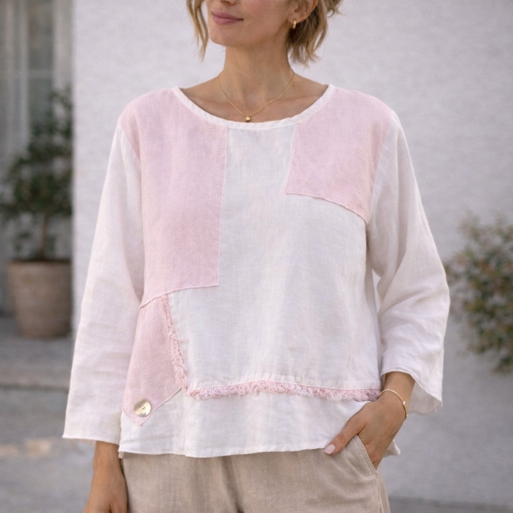 Cottage Clothing‎ Inc Linen Patchwork Top Mixed fabric Artsy Lagenlook Boho VTG